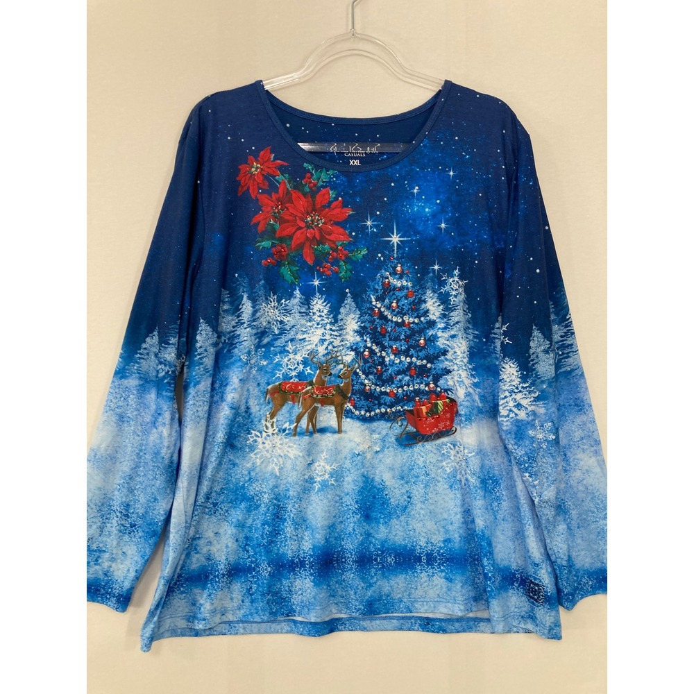 Gloria Vanderbilt Christmas Top XXL Graphic Snow Winter Holiday Stretch Knit